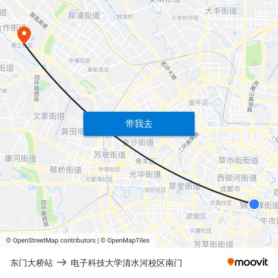 东门大桥站 to 电子科技大学清水河校区南门 map