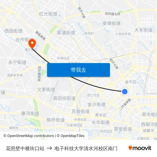 花照壁中横街口站 to 电子科技大学清水河校区南门 map