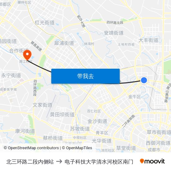北三环路二段内侧站 to 电子科技大学清水河校区南门 map
