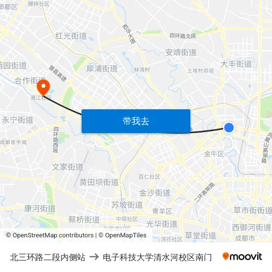 北三环路二段内侧站 to 电子科技大学清水河校区南门 map