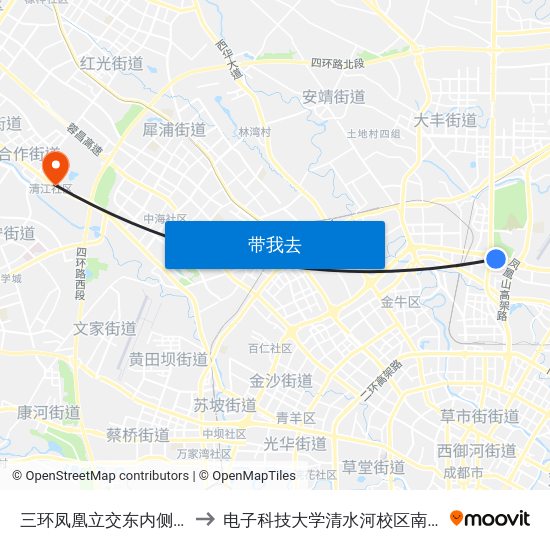 三环凤凰立交东内侧站 to 电子科技大学清水河校区南门 map