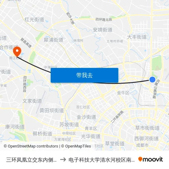 三环凤凰立交东内侧站 to 电子科技大学清水河校区南门 map