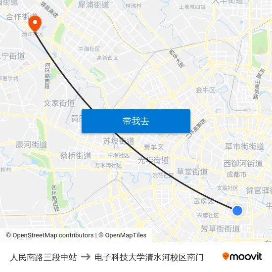 人民南路三段中站 to 电子科技大学清水河校区南门 map