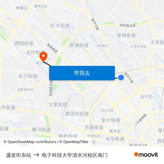 盛发街东站 to 电子科技大学清水河校区南门 map