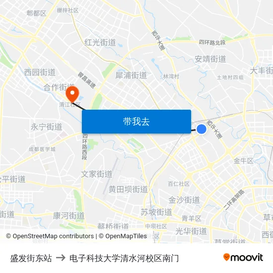 盛发街东站 to 电子科技大学清水河校区南门 map