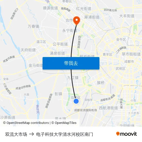 双流大市场 to 电子科技大学清水河校区南门 map