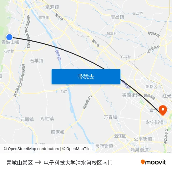 青城山景区 to 电子科技大学清水河校区南门 map