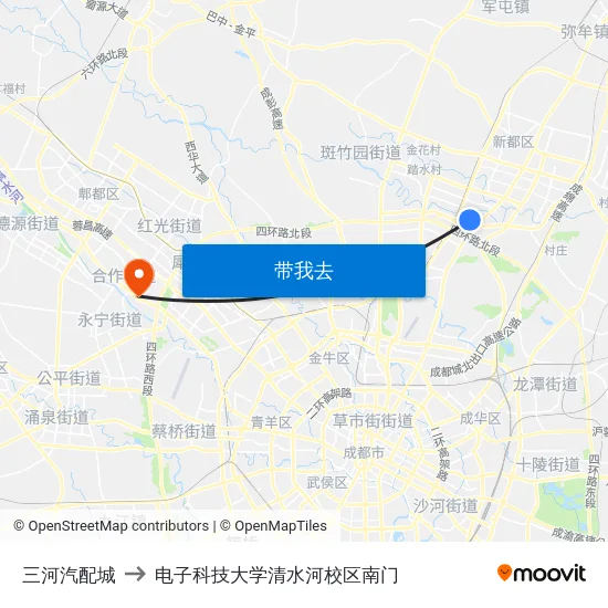 三河汽配城 to 电子科技大学清水河校区南门 map