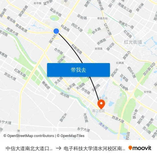 中信大道南北大道口站 to 电子科技大学清水河校区南门 map