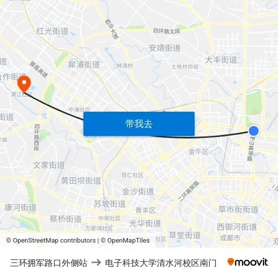 三环拥军路口外侧站 to 电子科技大学清水河校区南门 map
