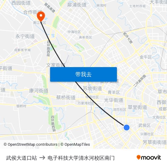 武侯大道口站 to 电子科技大学清水河校区南门 map