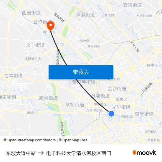 东坡大道中站 to 电子科技大学清水河校区南门 map