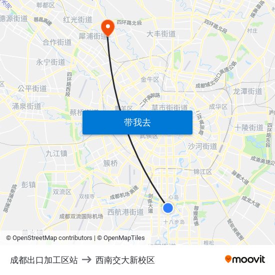成都出口加工区站 to 西南交大新校区 map