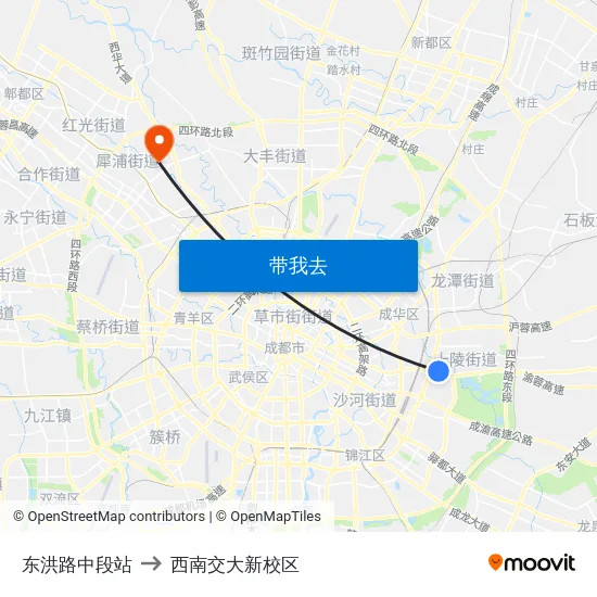 东洪路中段站 to 西南交大新校区 map