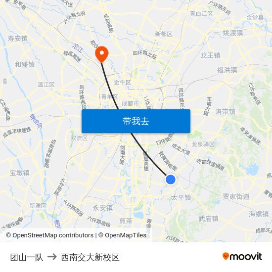 团山一队 to 西南交大新校区 map