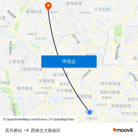 高升桥站 to 西南交大新校区 map