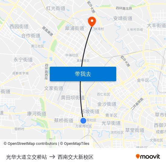 光华大道立交桥站 to 西南交大新校区 map