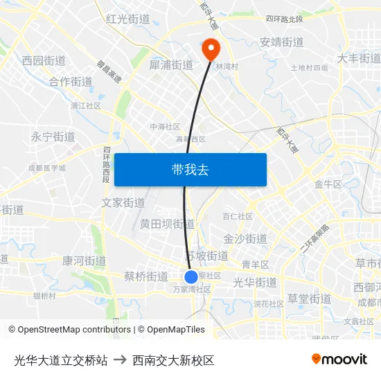 光华大道立交桥站 to 西南交大新校区 map