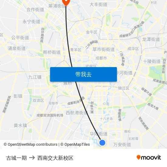 古城一期 to 西南交大新校区 map