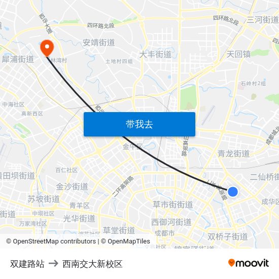 双建路站 to 西南交大新校区 map