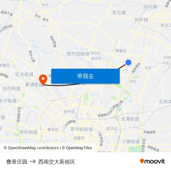 叠香庄园 to 西南交大新校区 map
