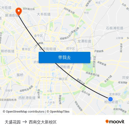 天盛花园 to 西南交大新校区 map