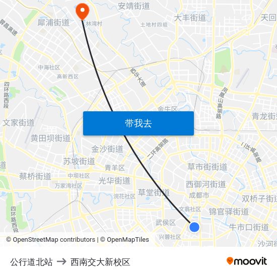 公行道北站 to 西南交大新校区 map