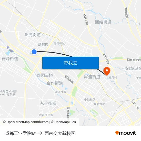 成都工业学院站 to 西南交大新校区 map