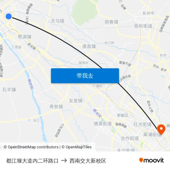 都江堰大道内二环路口 to 西南交大新校区 map
