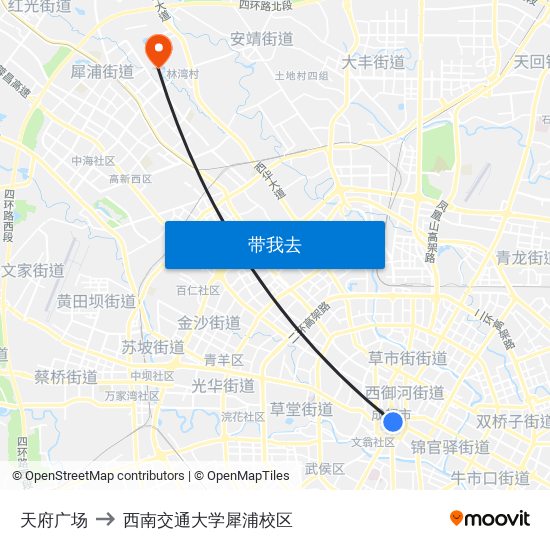 天府广场 to 西南交通大学犀浦校区 map