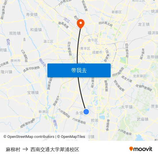 麻柳村 to 西南交通大学犀浦校区 map
