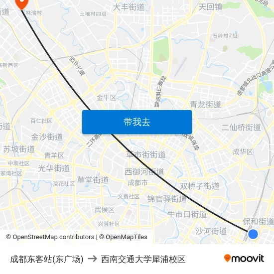成都东客站(东广场) to 西南交通大学犀浦校区 map