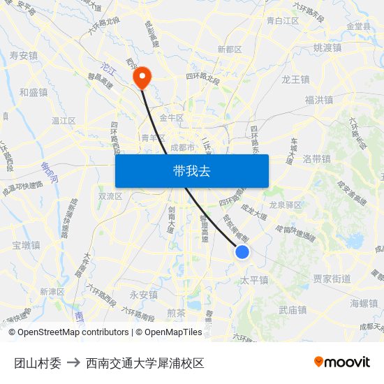 团山村委 to 西南交通大学犀浦校区 map
