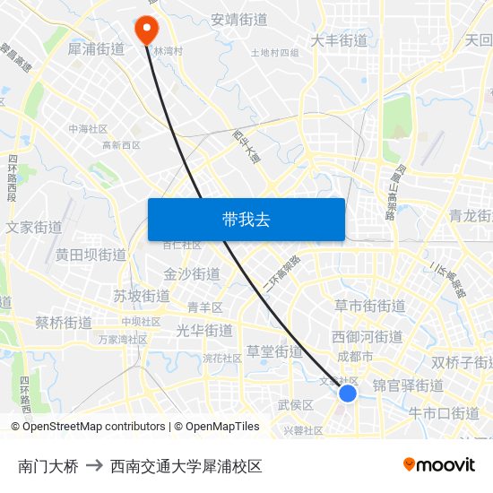 南门大桥 to 西南交通大学犀浦校区 map