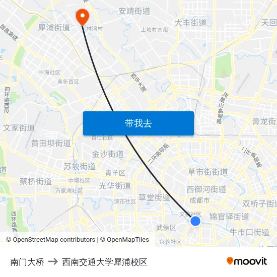 南门大桥 to 西南交通大学犀浦校区 map