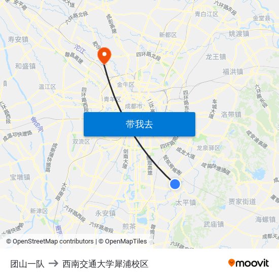 团山一队 to 西南交通大学犀浦校区 map