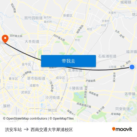 洪安车站 to 西南交通大学犀浦校区 map