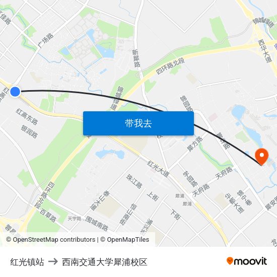 红光镇站 to 西南交通大学犀浦校区 map
