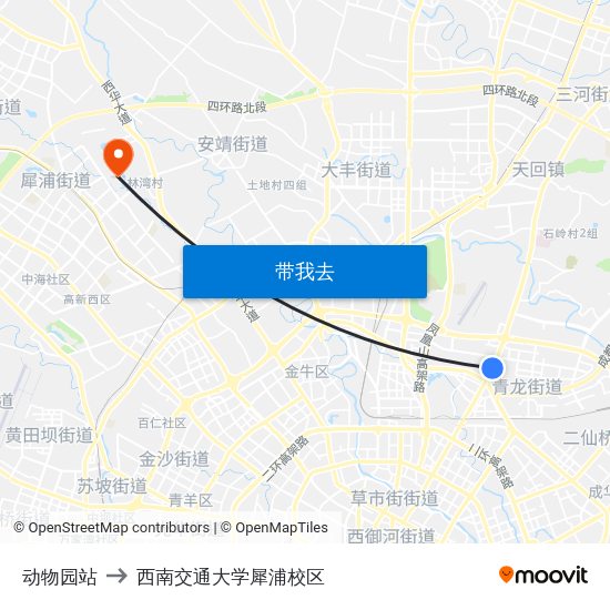 动物园站 to 西南交通大学犀浦校区 map