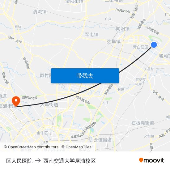 区人民医院 to 西南交通大学犀浦校区 map