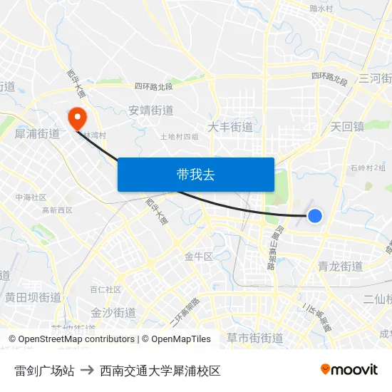 雷剑广场站 to 西南交通大学犀浦校区 map