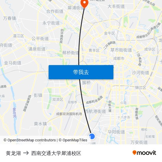 黄龙湖 to 西南交通大学犀浦校区 map