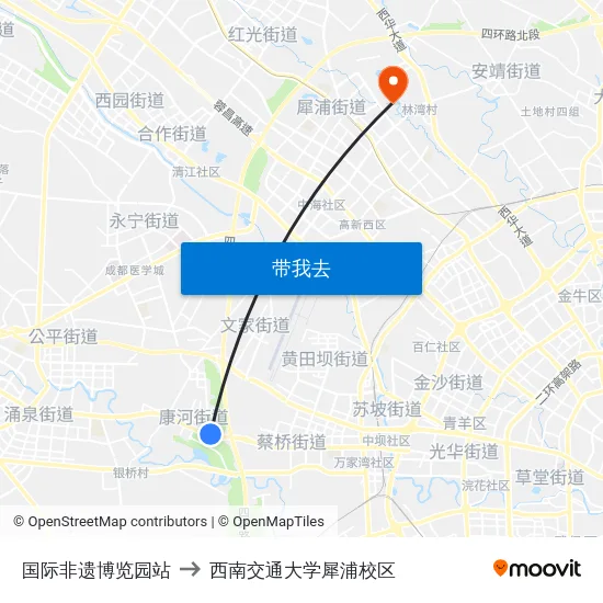 国际非遗博览园站 to 西南交通大学犀浦校区 map