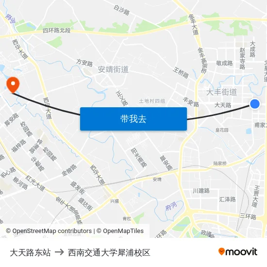大天路东站 to 西南交通大学犀浦校区 map
