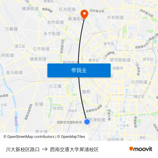 川大新校区路口 to 西南交通大学犀浦校区 map