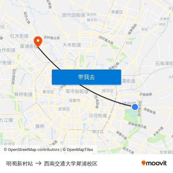 明蜀新村站 to 西南交通大学犀浦校区 map