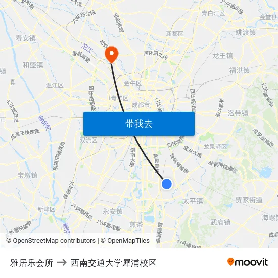 雅居乐会所 to 西南交通大学犀浦校区 map