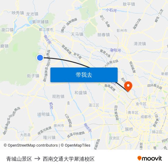 青城山景区 to 西南交通大学犀浦校区 map