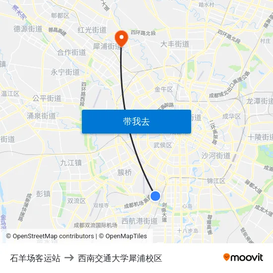 石羊场客运站 to 西南交通大学犀浦校区 map