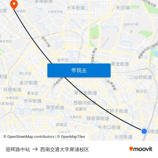 迎晖路中站 to 西南交通大学犀浦校区 map